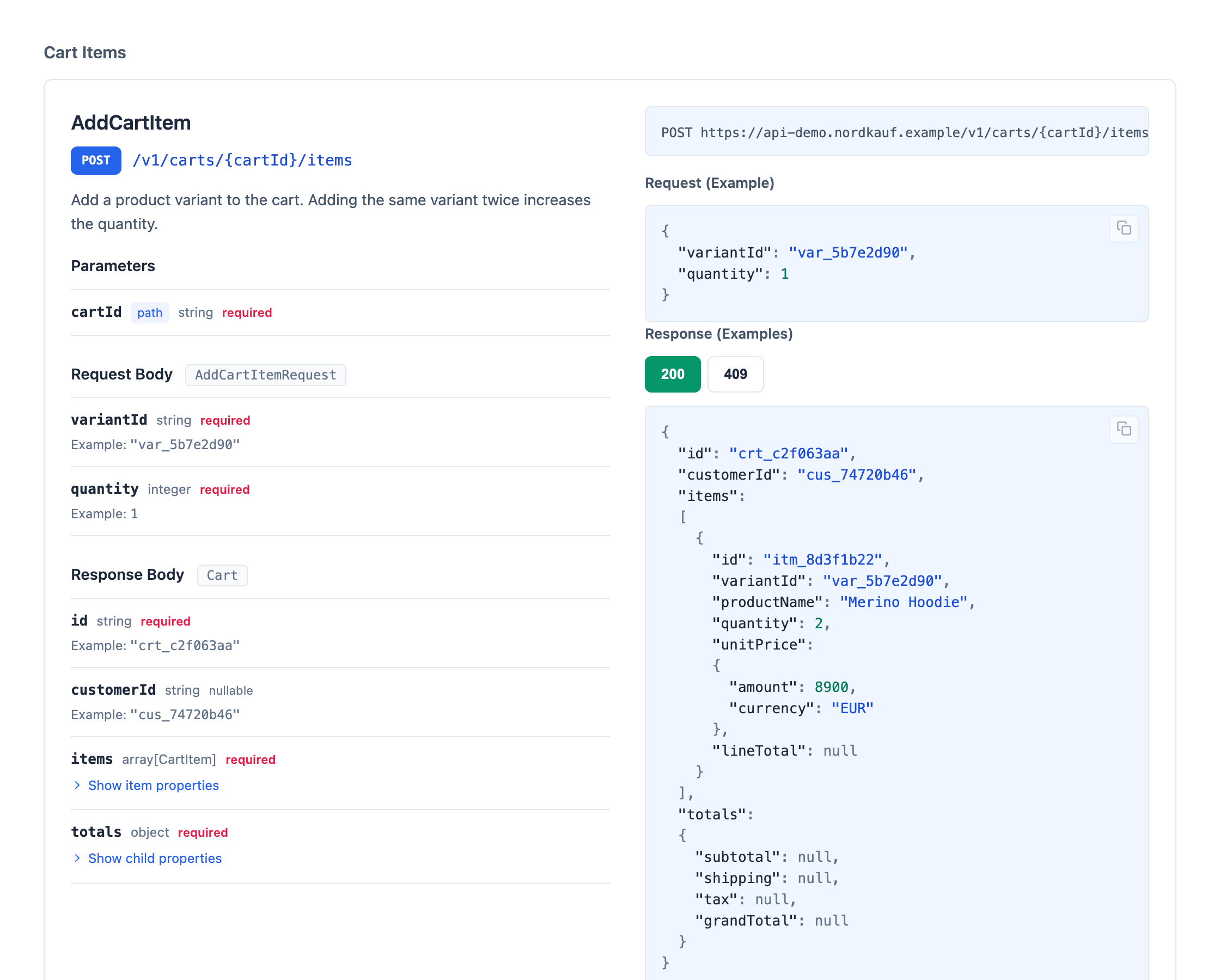 docHQ documentation viewer – AddCartItem endpoint of the demo Shop API